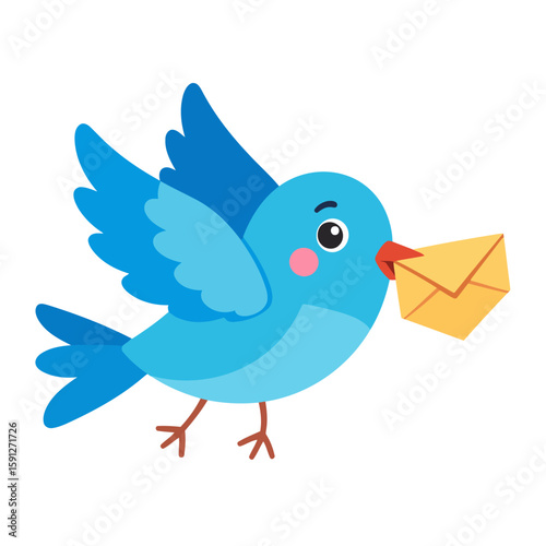 Cute blue cartoon bird with rosy cheeks carrying a yellow mail envelope in its beak.