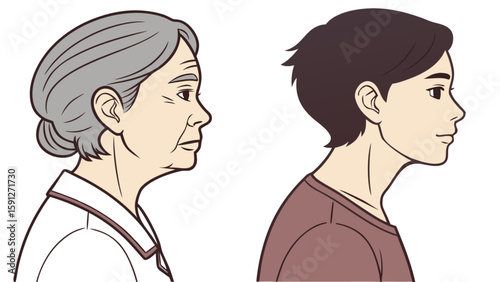 Aging process illustration showing young adult and elderly woman face profile comparison design vector art