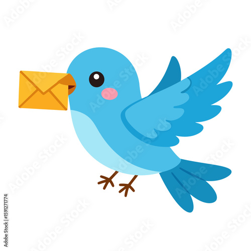 Kawaii-style blue bird character flying, carrying a yellow mail envelope in its beak.
