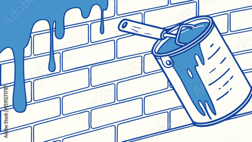 Blue paint can on brick wall painting home improvement diy project renovation decorating interior design concept
