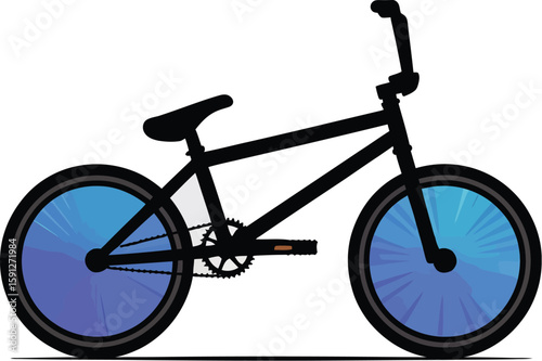 A stylized illustration of a black bmx bike with blue gradient wheels on a light gray background