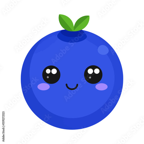 Cute kawaii blueberry character with a smiling face, big shiny eyes, and green leaves.