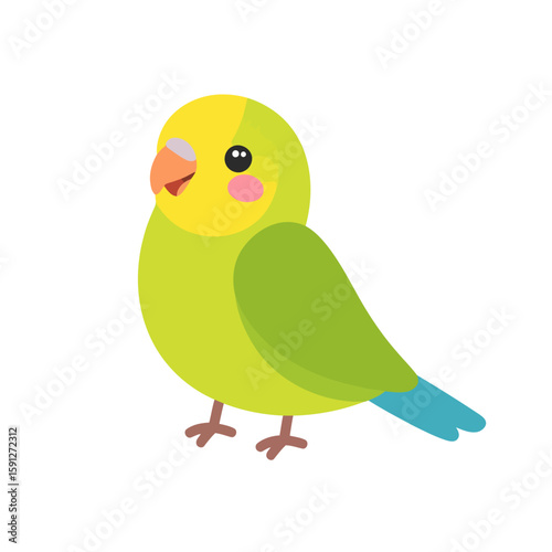 Adorable cartoon budgie with a yellow head, green body, and pink cheeks. A cute, smiling parrot illustration.