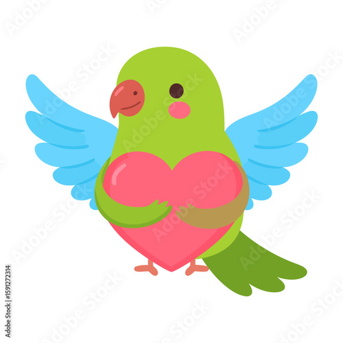 Cute cartoon green parrot with blue wings and pink cheeks holding a large pink heart.
