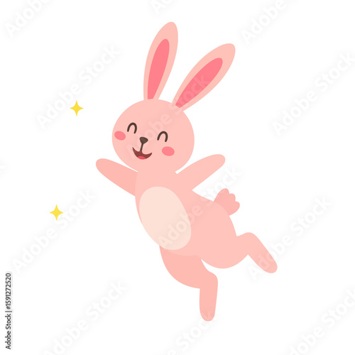 Adorable kawaii pink rabbit character with long ears and a happy expression floating joyfully.