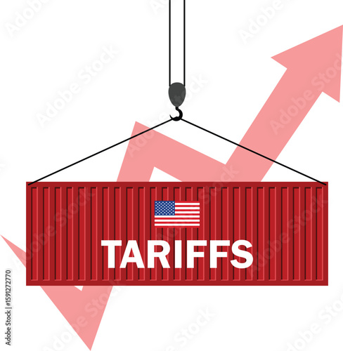 Rising Arrow Graph with Shipping Containers and US Flag Representing Increasing US Import Tariffs.Trade War Concept