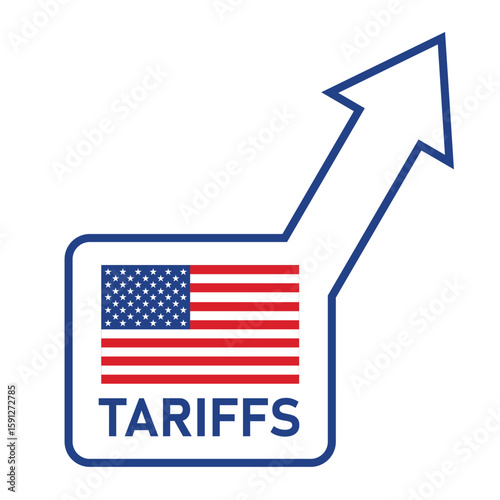 Tmport tariffs text with United States of America flag and Arrow pointing up. US Trade War Theme
