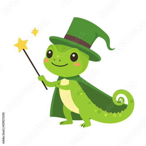 Adorable green chameleon wizard character in a cape and top hat holding a magic star wand.