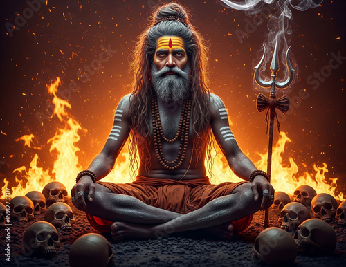 Aghori Sadhu in Fire Ritual with Trishul and Skulls – Spiritual Ascetic Concept Art.
