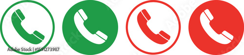 Phone Icon Set, Green Outline and Solid, Red Outline and Solid, White Background