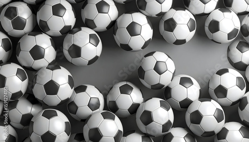 Many Black And White Soccer Balls Scattered On Gray Background