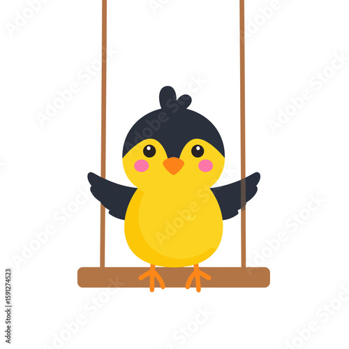 Cute cartoon chick with a yellow body and black head, sitting on a wooden swing with rosy cheeks and open wings.
