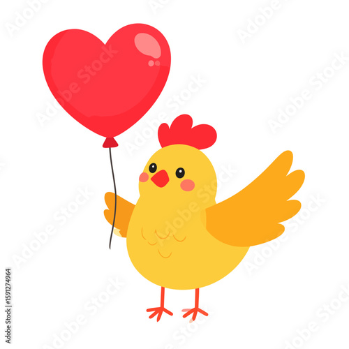 Cute yellow cartoon chick with a red comb and rosy cheeks holding a red heart-shaped balloon.