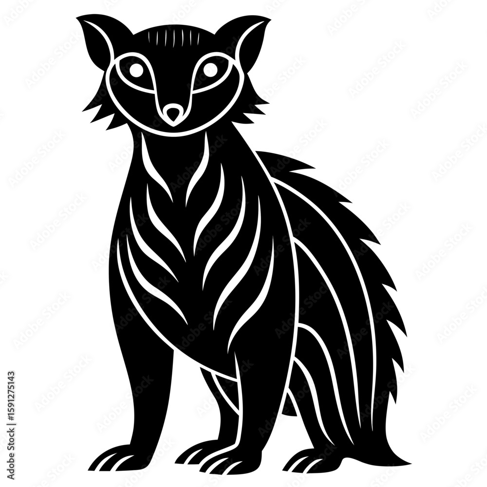 Fototapeta premium Stylized black silhouette of a sitting raccoon with white accents