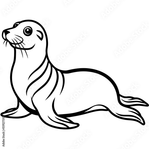 Cute cartoon seal with whiskers and flippers in a simple outline silhouette