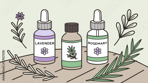 Essential oil aromatherapy lavender rosemary natural medicine wellness organic skincare beauty product illustration