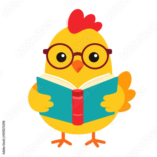 Smart yellow cartoon chick with red glasses and a comb, reading a teal hardcover book.