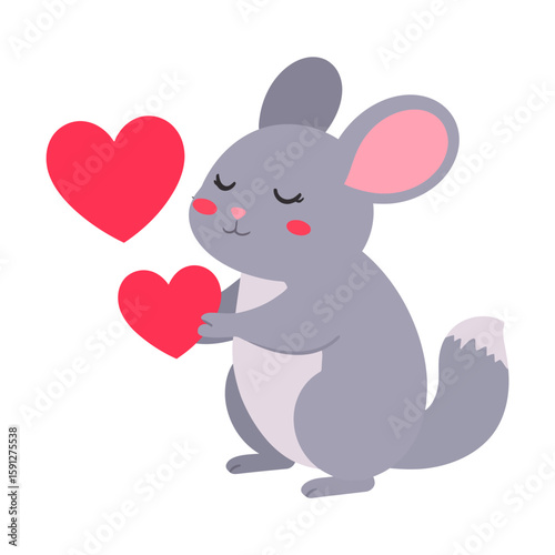 Cute gray cartoon chinchilla with rosy cheeks and closed eyes, holding a red heart with love.