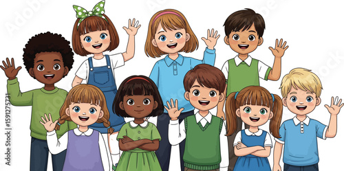 Cheerful cartoon children with diverse backgrounds wave, illustrating friendship and togetherness in an inviting group setting.