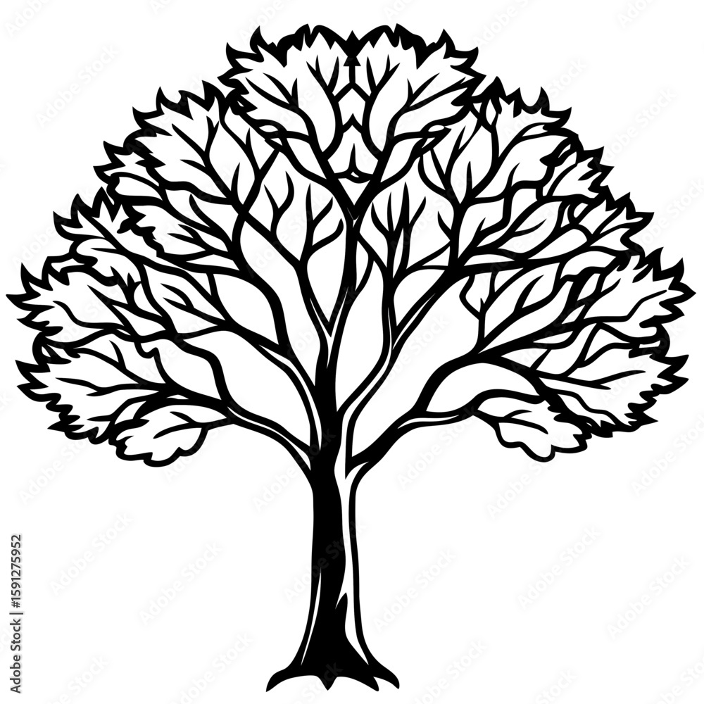 Obraz premium Intricate black tree silhouette with detailed branching and leafy canopy