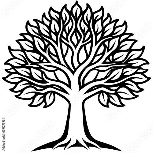 Stylized tree with intricate branches and leaves silhouette