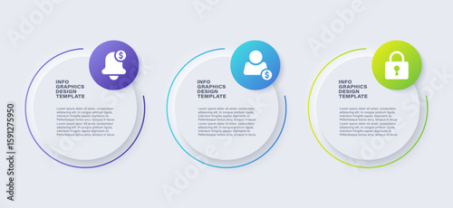 Neumorphism circles infographic template with business icons. Three steps infographic layout for presentation slides