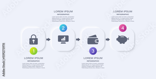 Neumorphism minimalist clean infographic template. Four steps or options infographic layout with icons