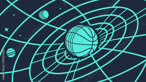 Basketball space time continuum illustration with gravity effect and planets in the universe scene art