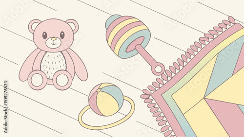 Baby room decor with teddy bear rattle ball and patterned rug for nursery and playroom design ideas and inspiration