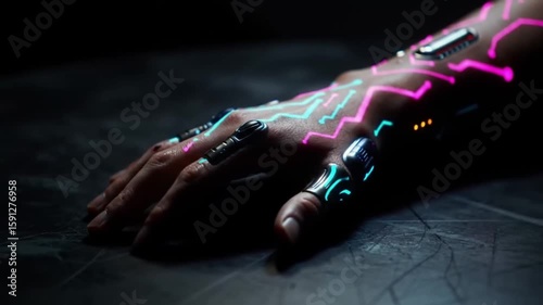 Human hand illuminated with futuristic neon circuitry in dark setting