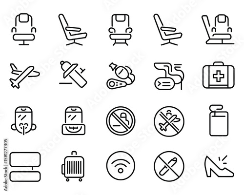 Airplane Travel Vector Icon Set  Seats, Lavatory, Overhead Bin, Emergency Exit, Oxygen Mask, No Smoking, No Mobile  Adjustable Line Weight