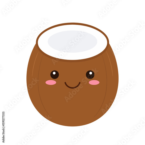 Charming half coconut character with a cute kawaii smiling face and rosy cheeks.