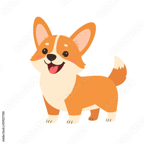 Happy cartoon Pembroke Welsh Corgi puppy standing with a joyful expression and panting tongue.