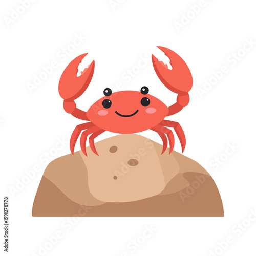 Cute smiling red crab character with raised claws and pink cheeks sitting on a brown rock.