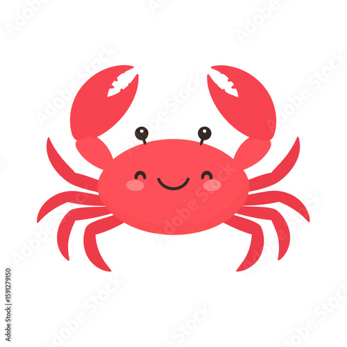 Cute red cartoon crab with a happy smiling face and raised claws.