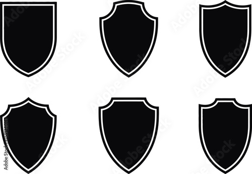 Six Black Shield Shape Outline Icons Isolated on White Background Symbols Set