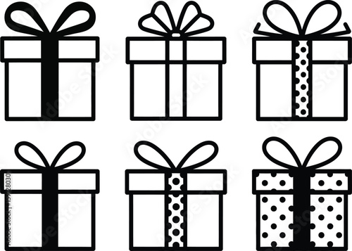 Six Gifts Box Black Outline, Polka Dots, Ribbon Bow, Holiday, Transparent