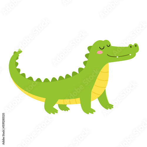 Cute smiling green crocodile with a yellow belly and spiky back, standing with a curved tail.