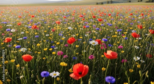 Vibrant wildflower meadow bursting with colorful blooms including red poppies, yellow buttercups, blue cornflowers, white daisies, and lush green stems under soft natural light.