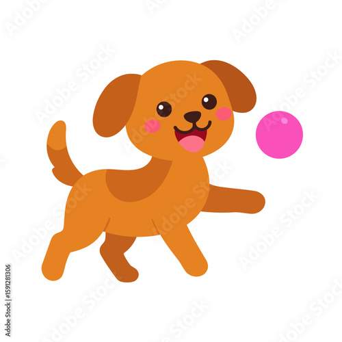 Adorable brown cartoon puppy with floppy ears and rosy cheeks happily playing with a pink ball.