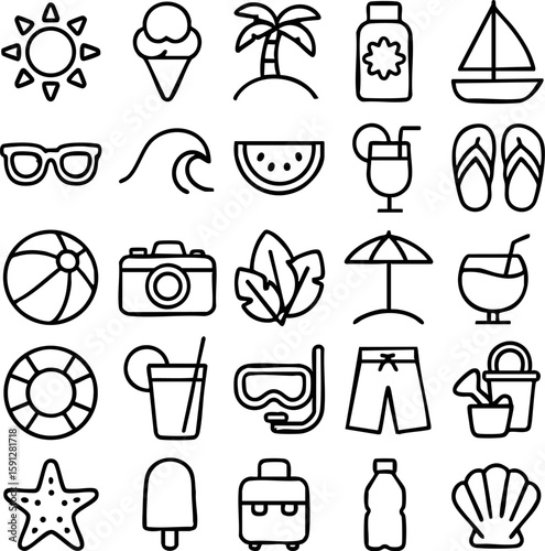 A collection of black outline summer vacation icons including sun palm tree ice cream and beach ball symbols.