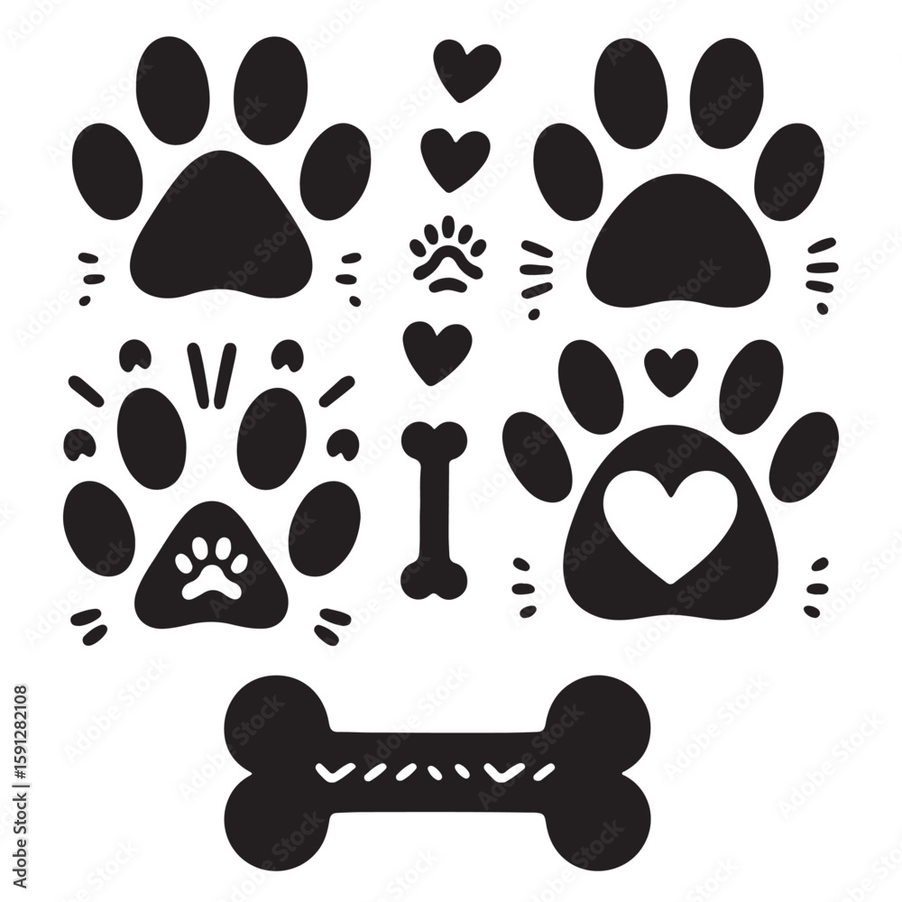 Fototapeta premium Animal Paw Prints and Black and White Cats Illustration