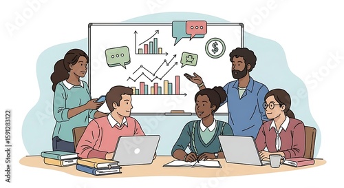 Diverse Team Collaboration Brainstorming Meeting Analyzing Growth Charts and Financial Data, Fostering Teamwork