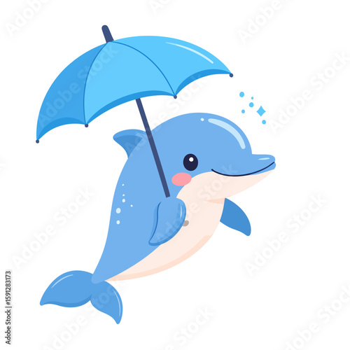 Adorable blue cartoon dolphin with rosy cheeks, smiling while holding a matching blue umbrella.