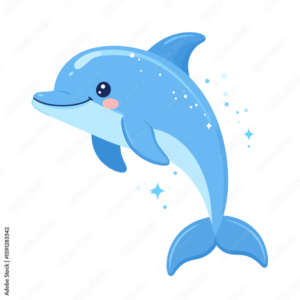 Fototapeta premium Adorable blue cartoon dolphin with a happy smile and sparkling details.