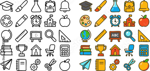 A diverse set of school and education icons in both black outline and colorful cartoon styles.