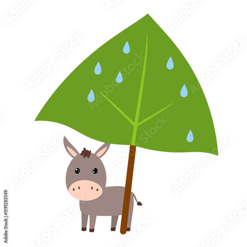 Cute cartoon donkey taking shelter from the rain under a large green leaf umbrella.