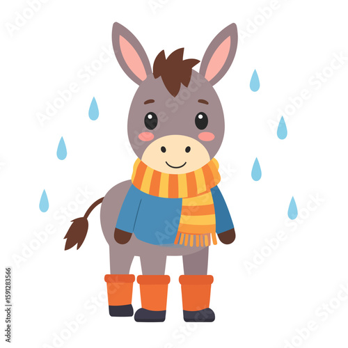 Charming gray donkey character in a blue sweater, striped scarf, and orange rain boots, smiling happily.
