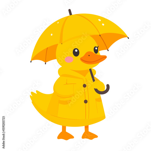Adorable yellow duckling in a hooded raincoat holding a matching yellow umbrella.
