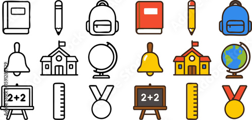 A set of school and education icons in two styles black outline and colorful flat illustration.